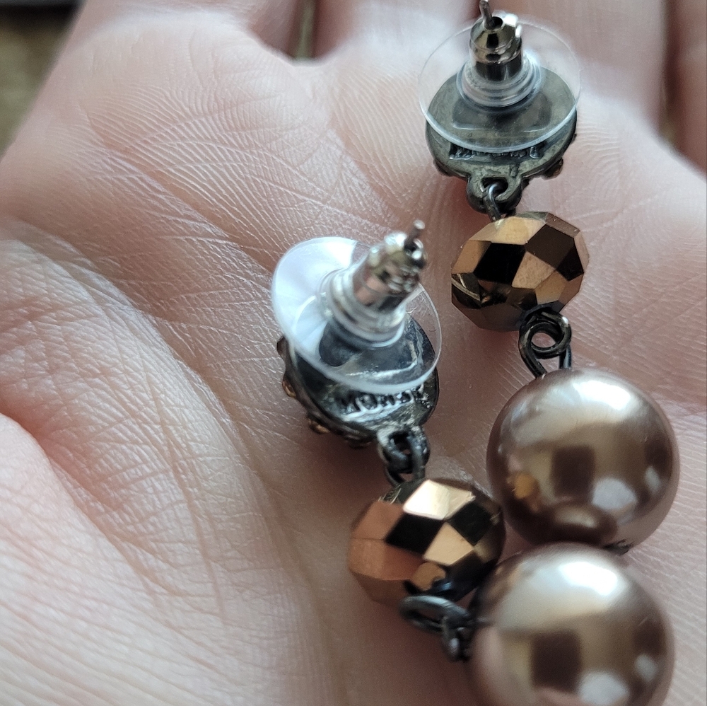 Monet dusty blush and champagne bead and faux pearl dangle earrings - Picture 3 of 3